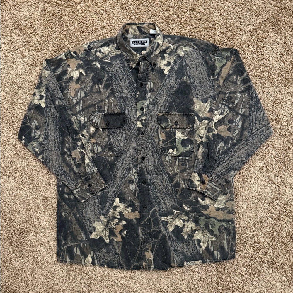 VTG 90s Jerzees Outdoors Shirt Mens L Mossy Oak Faded Camo Button Up Grunge RARE